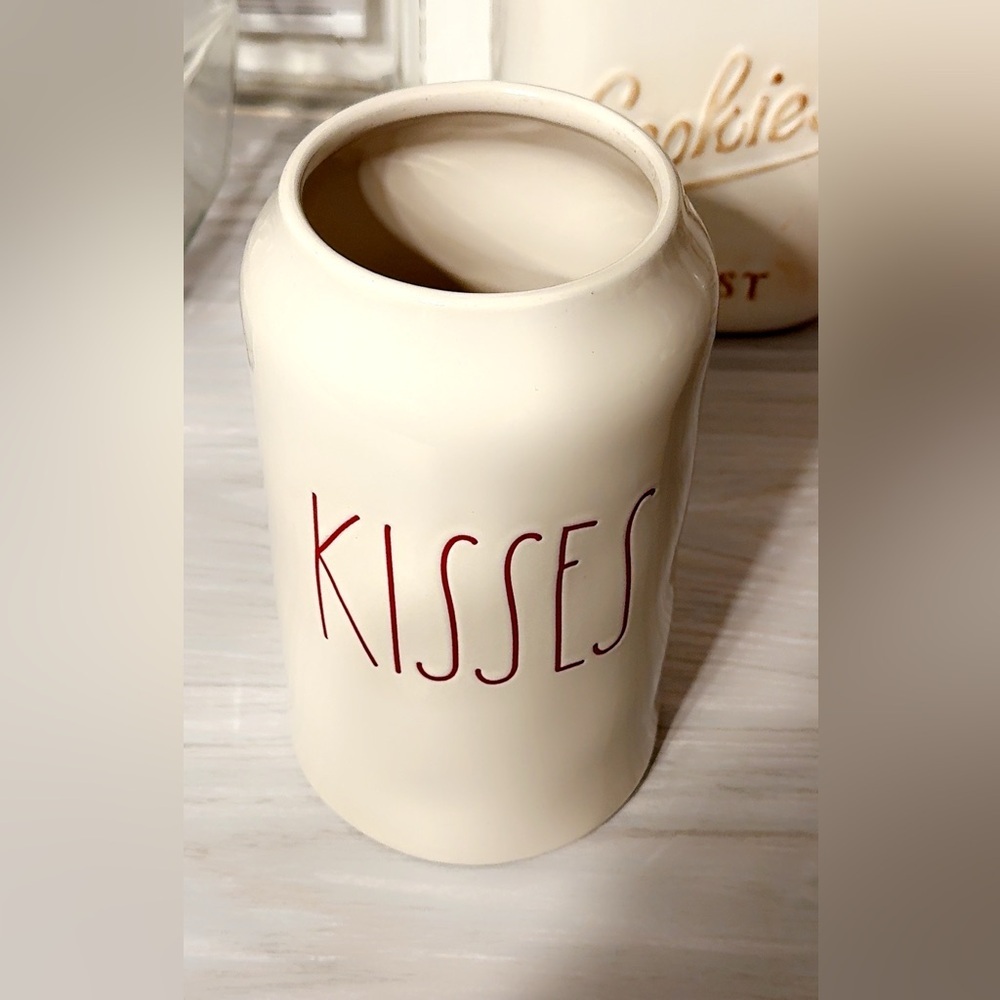 RAE DUNN Ceramic KISSES canister/jar/container tall skinny white red letters